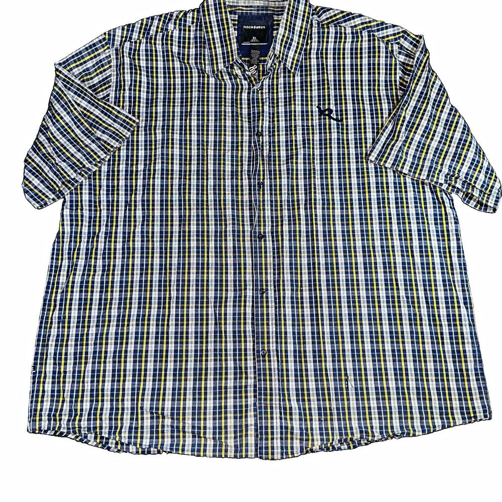 Vintage Rocawear Plaid Shirt Mens 5XL Short Sleeve Blue Yellow Y2K Hip Hop Baggy